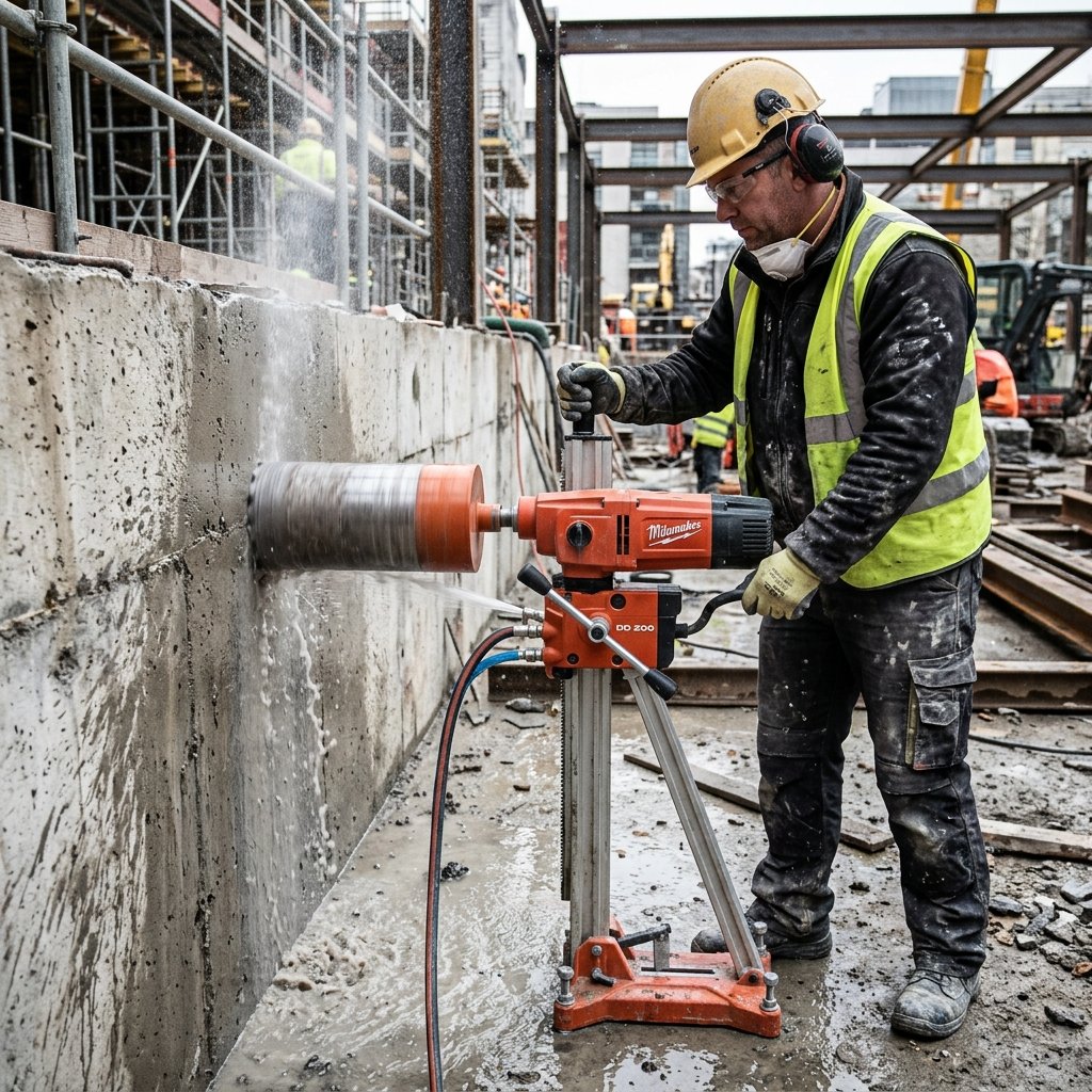 Horizontal core being drilled through a reinforced concrete wall